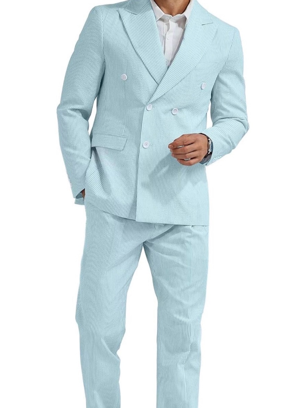 Men's Double-Breasted Light Blue Seersucker Suit Blazer & Trousers